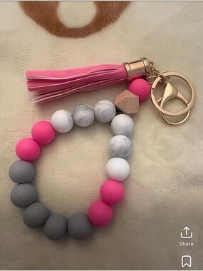 Pink & Gray Beaded Tassel Keyring Bracelet